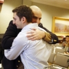 Murat Kacan, left, and Nick El Khoury celebrate winning the SCI sponsored contest, the Innovation Prize, for the best new idea for media outlets.
